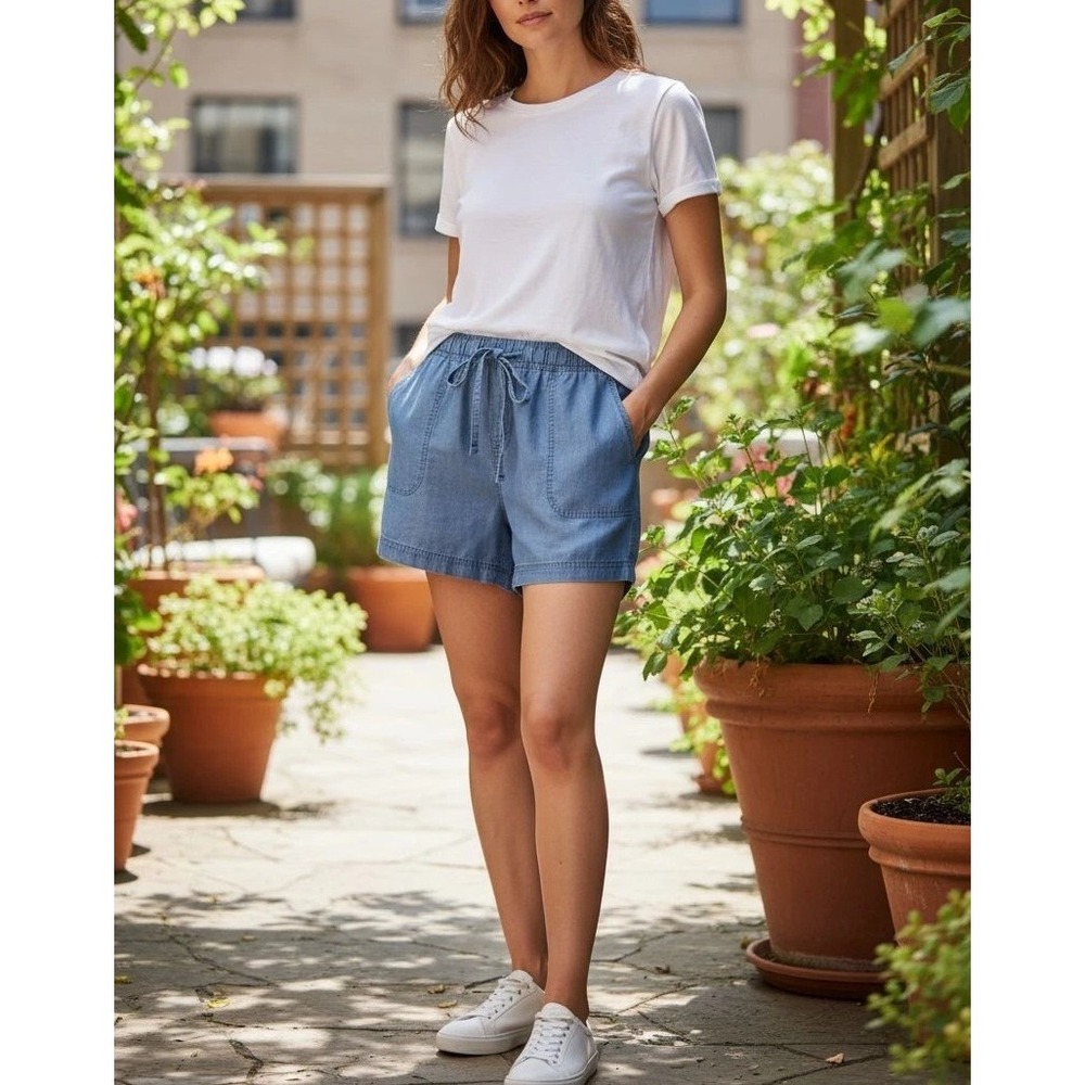 NWT Blue Chambray Shorts XXL 4"‎ Stretchy Waist Pockets Drawstring Vacation